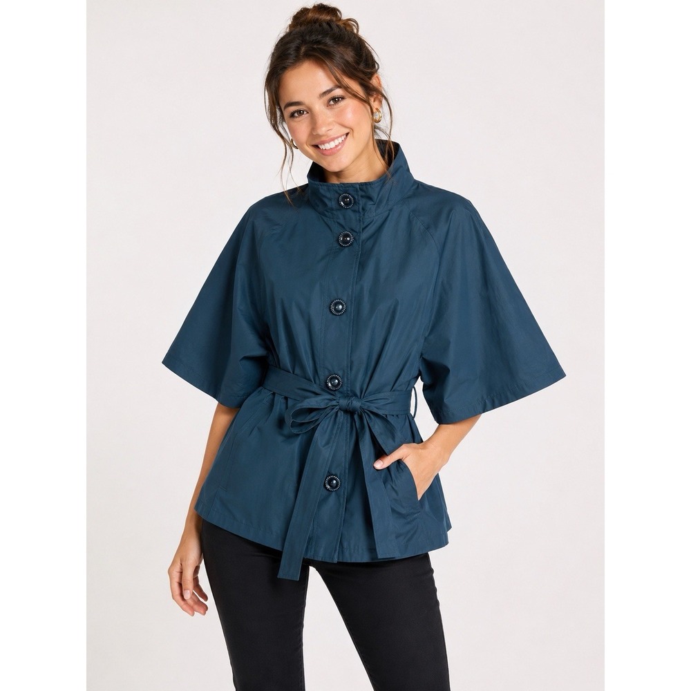 Betsey Johnson Womens L Teal Blue Capelet Rain Coat Jacket Cape Pockets Belted